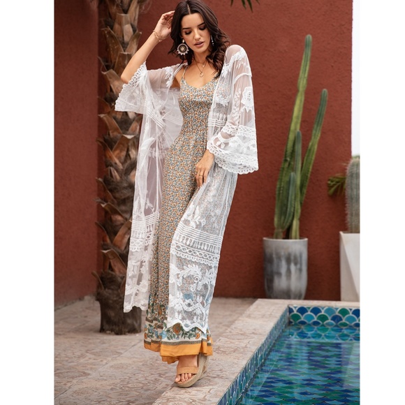 White Lace Boho Coverup Long Kimono - Picture 9 of 10